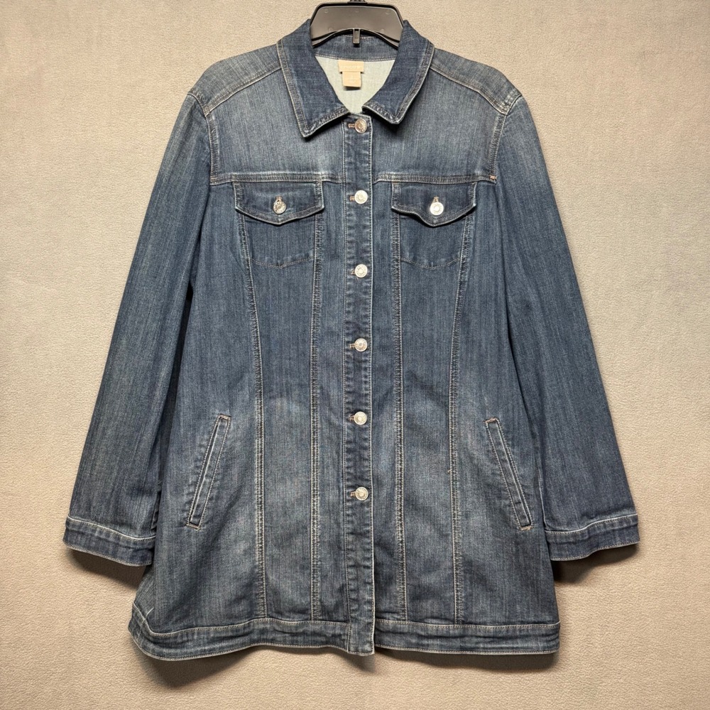 Chicos Denim Jacket Button Front Longline Blue Stretch 2 L 12/14 Casual Comfy